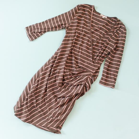Sundry Fabian Gray Red Striped Long Sleeve Faux Wrap Dress Size Large - Picture 1 of 7